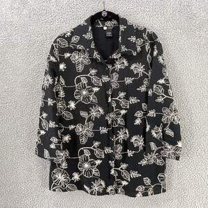 Carole Little Linen Shirt Womens L Black Floral Embroidered Button 3/4 Sleeve